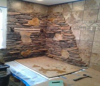 Stone and tile have been installed at Jacuzzi tub area